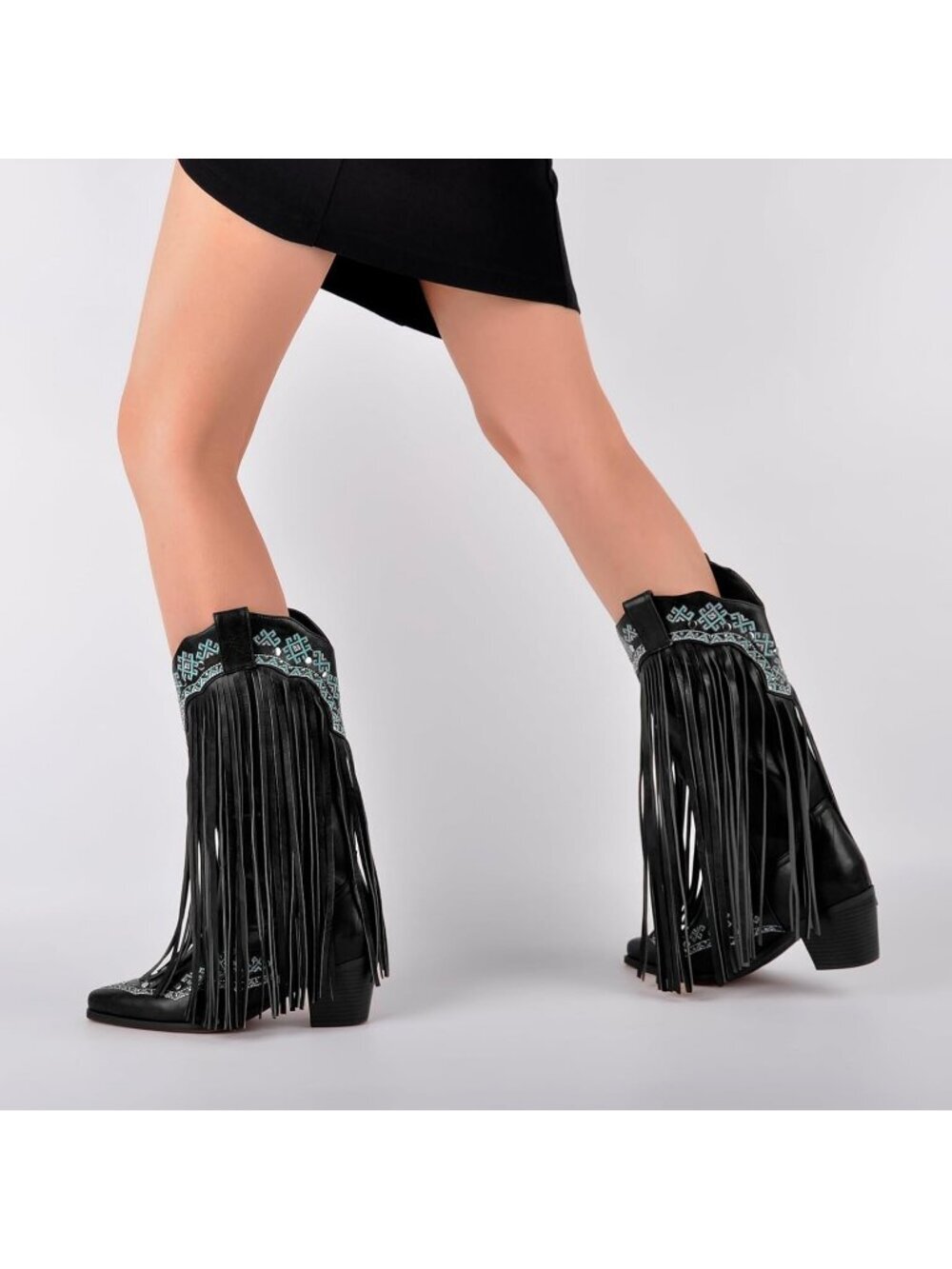 Women's Black Fringe Mid Calf Boots with Rivets Embroidered - Picture 5 of 6